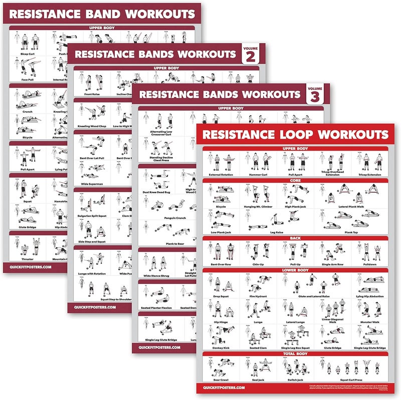 Palace Learning 4 Pack - Resistance Bands Workout Exercise Posters Volume 1, 2 & 3 + Resistance Loops Fitness Chart (LAMINATED, 18" x 24") - Image 1